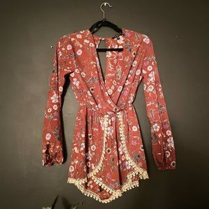 Brown Floral Print Backless Long Sleeve Romper